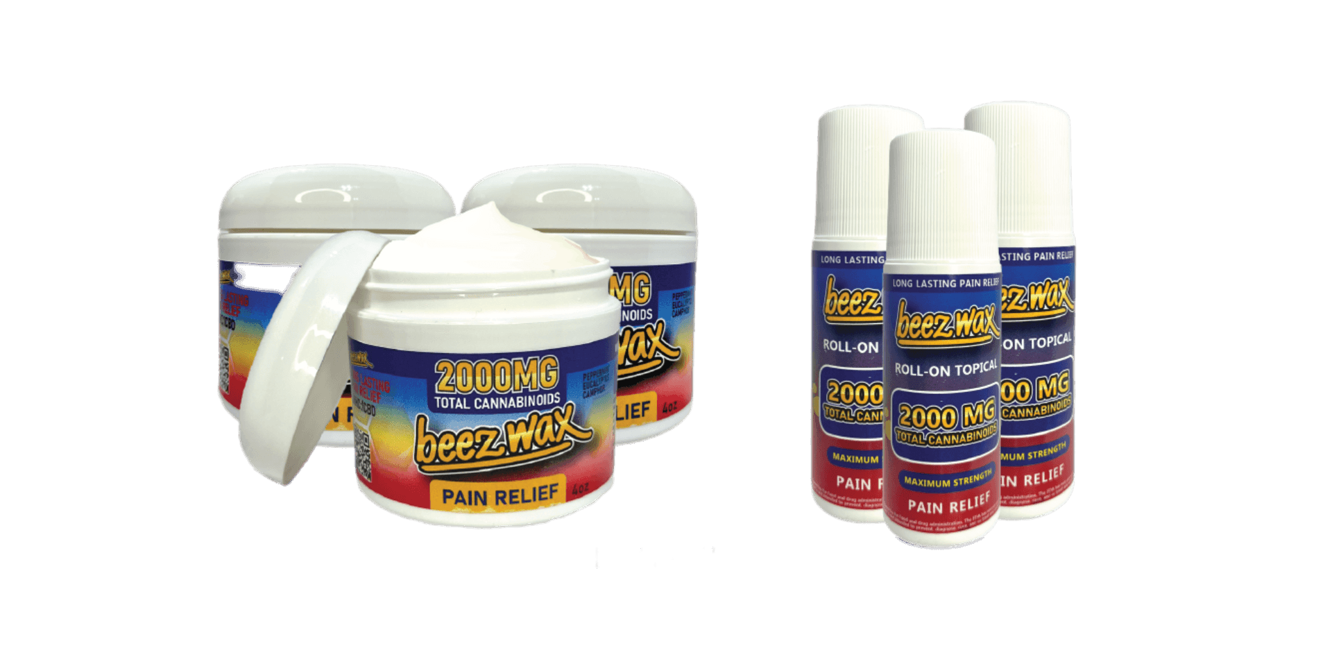 Beez Wax pain relief products with cannabinoid content, including jars and roll-on containers.