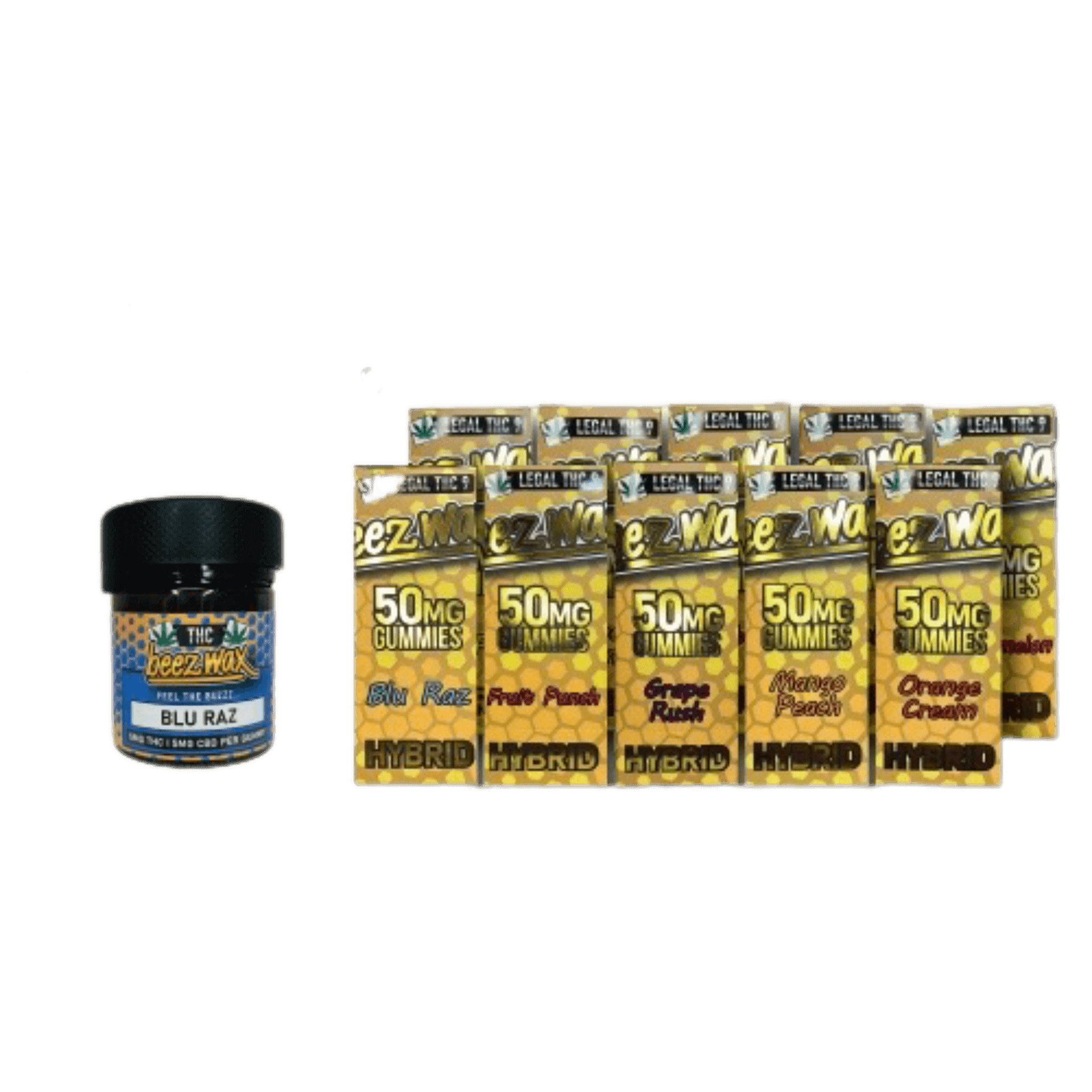 Assorted THC gummy packs and a jar labeled Blu Raz on a light blue background.